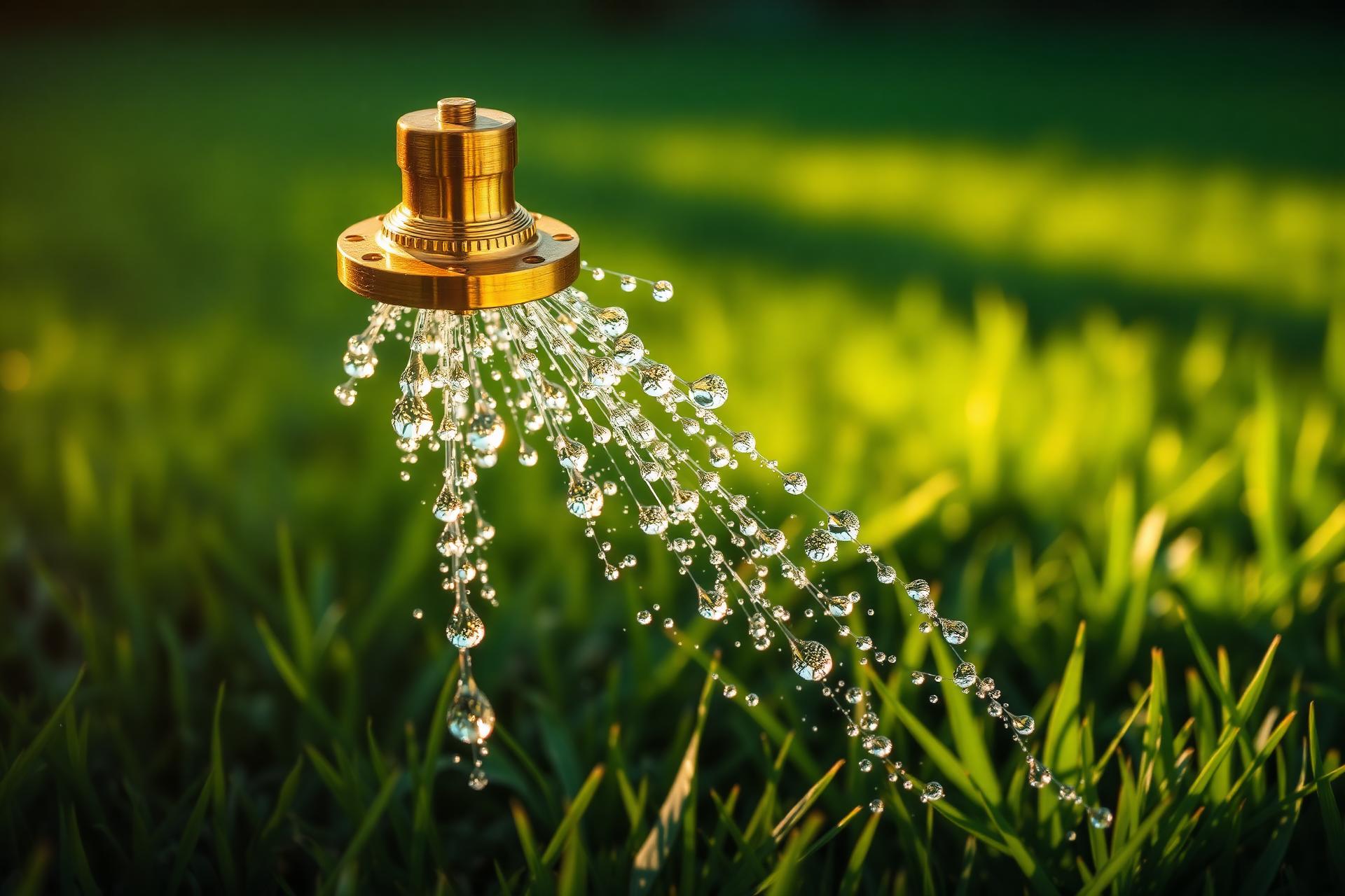 Sprinkler with water droplets over green lawn